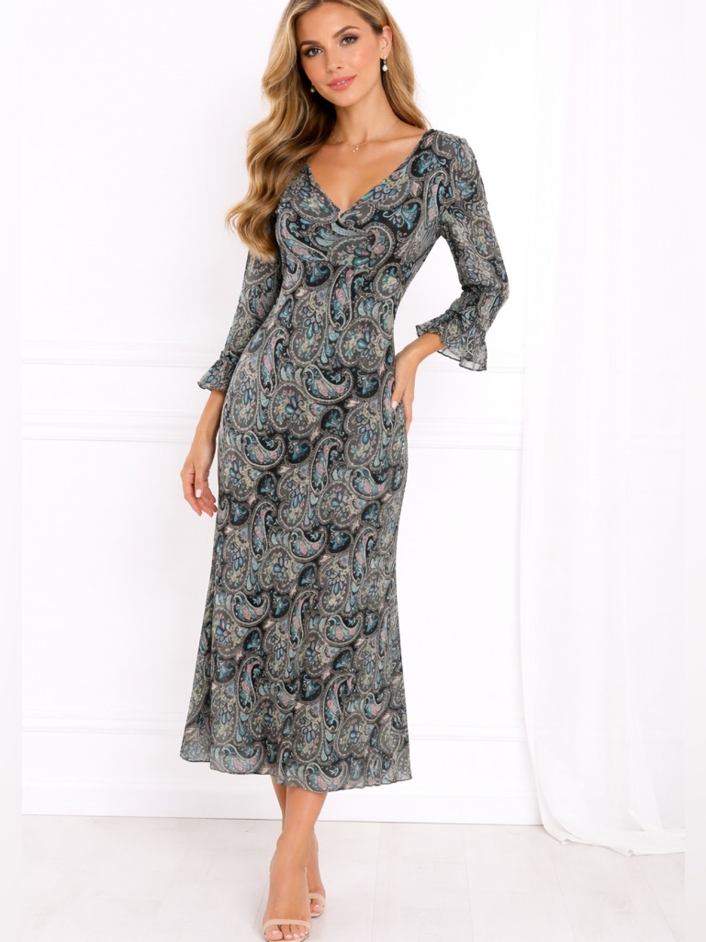 100% Silk‎ Dress Paisley Whimsigoth Beaded Fairy Flare Sleeve Spring Flowy Sz 12